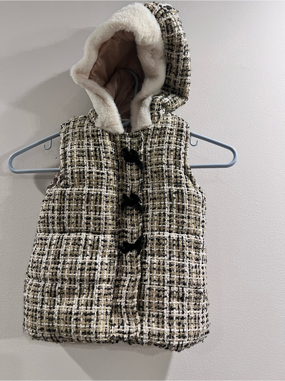 Nicole Miller Cream and Black Tweed Hooded Puffer Vest